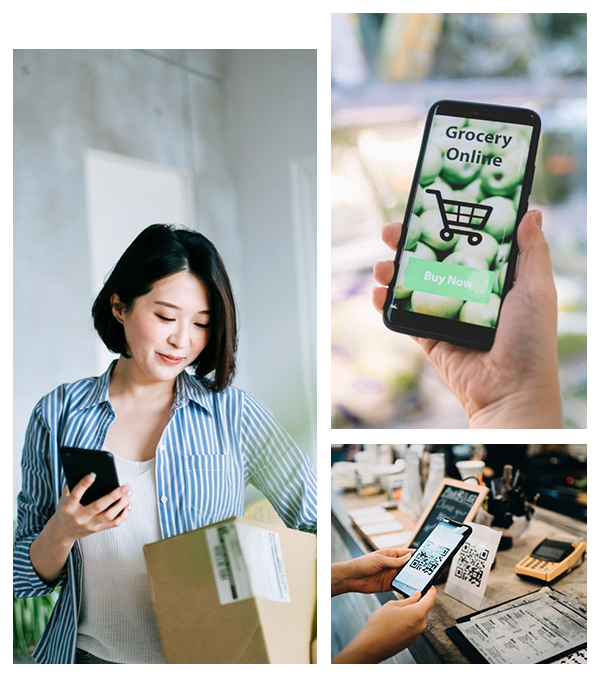 Image collage of girl with delivered product and two other image of online shopping through mobile device