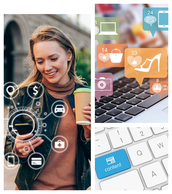 Image collage with girl with phone searching a keyboard with content written on one key another keyboard with products being searched