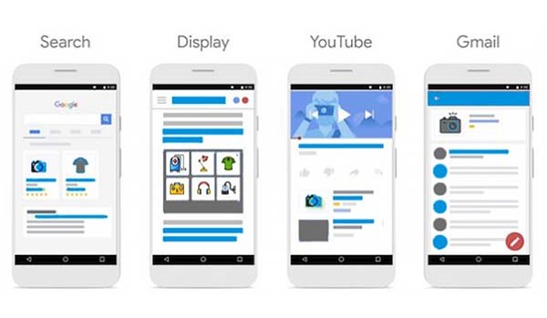 four mobile screens with differnt google ads showing