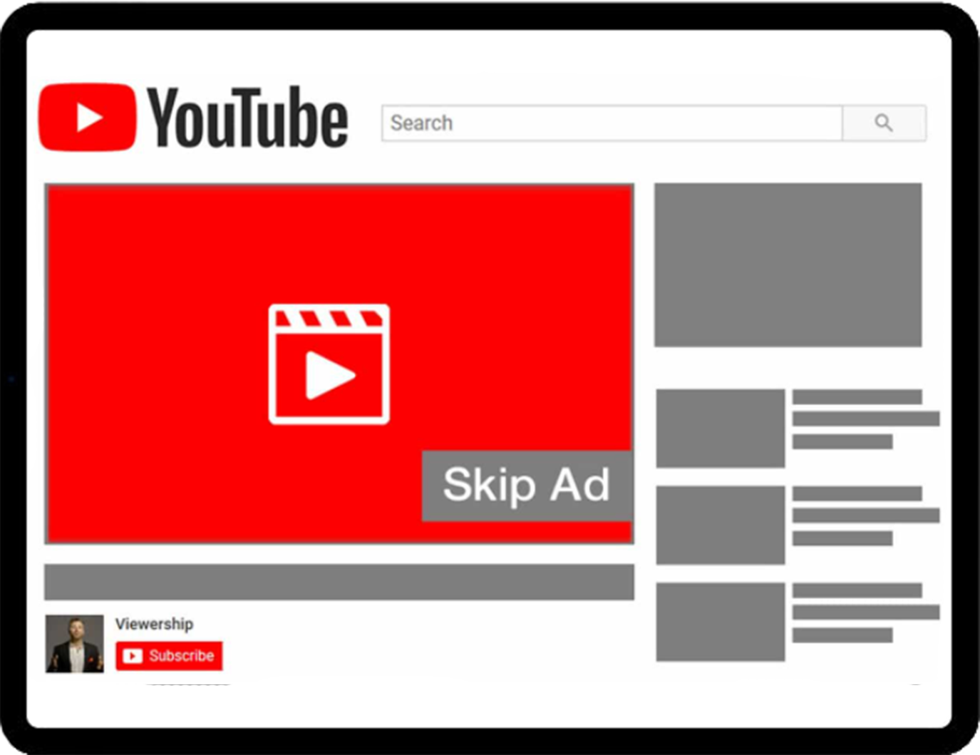 Screen with youtube and skip ad option